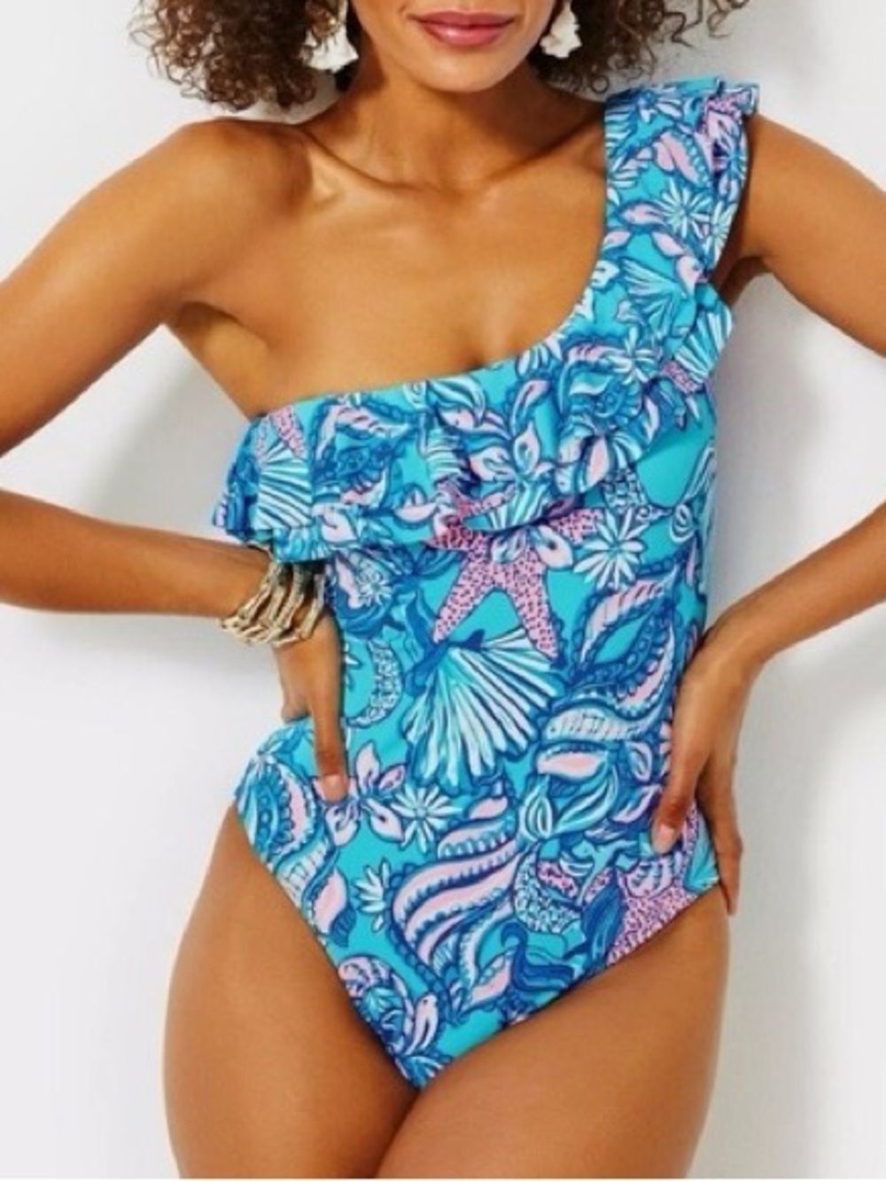 Lilly Pulitzer Caelum Ruffle One-Piece Swimsuit in the Amalfi Blue Sound size 14